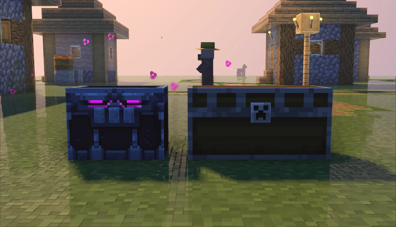 两个Minecraft Dungeons风格的箱子，从左往右为末影箱、大箱子