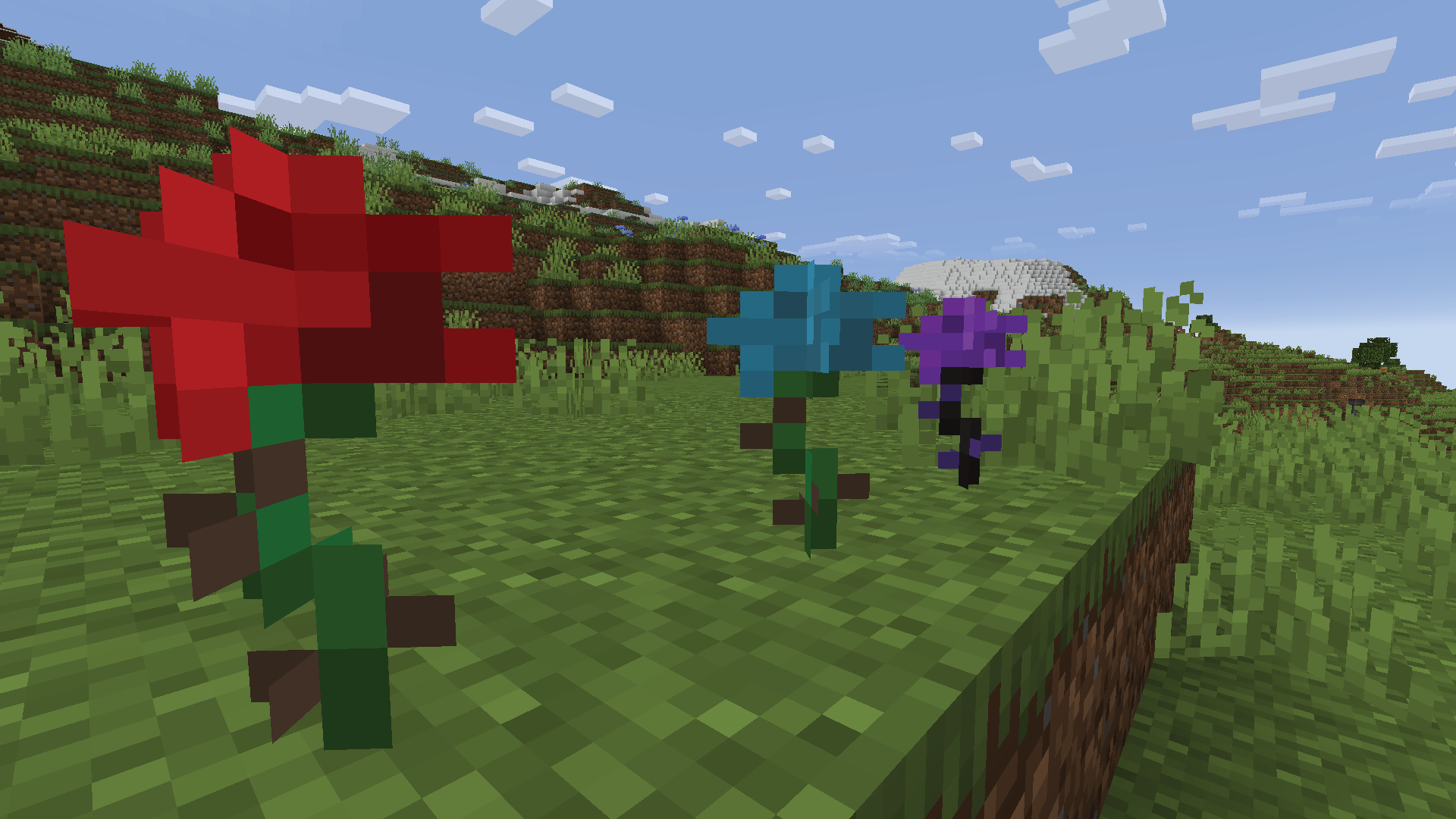 The three roses added in the New Old Flowers For Sniffers datapack in a line