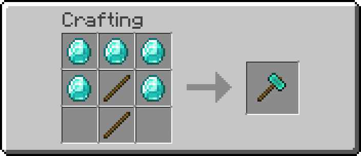 Crafting recipe for a diamond hammer made with five diamonds surrounding two sticks in the center column