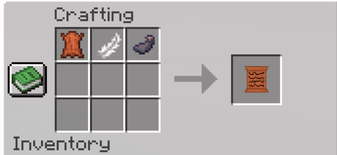 a recipe to make a leather parchment, top left is leather, top middle is feather, top right is ink sac