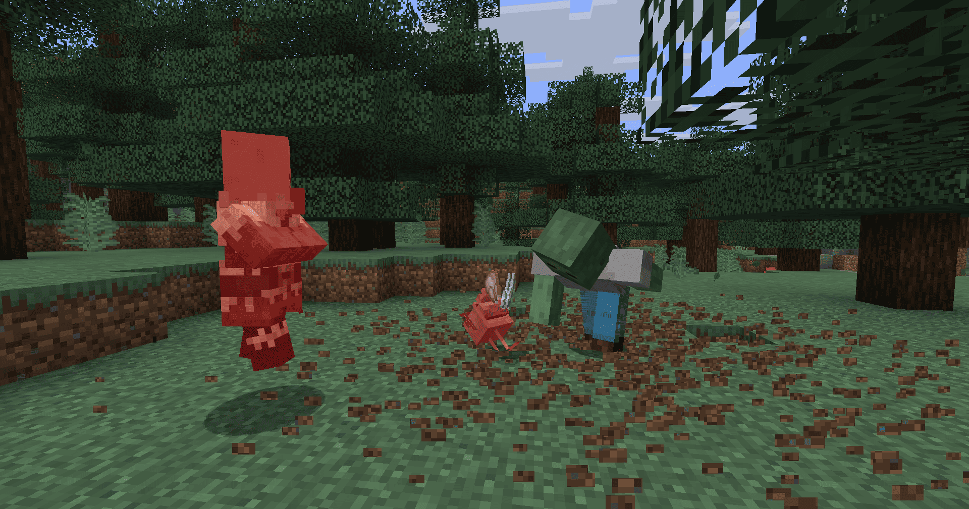 Groundshaker punching the ground, sending a villager flying, in a taiga forest