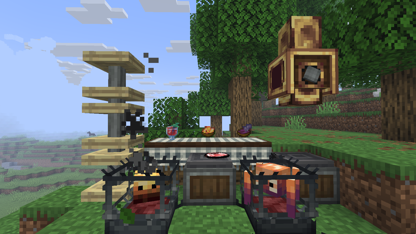 Screenshot containing multiple blocks and items added by the core mod of the modpack