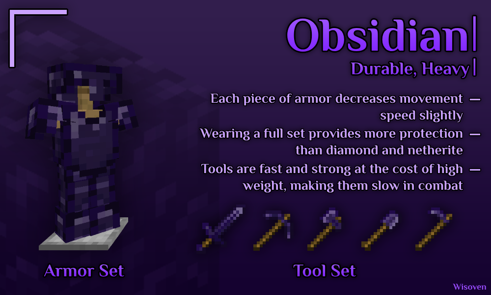 Obsidian: heavy, durable armor slows player down. Tools are highly efficient, more so than diamond and netherite, but are very slow in combat.