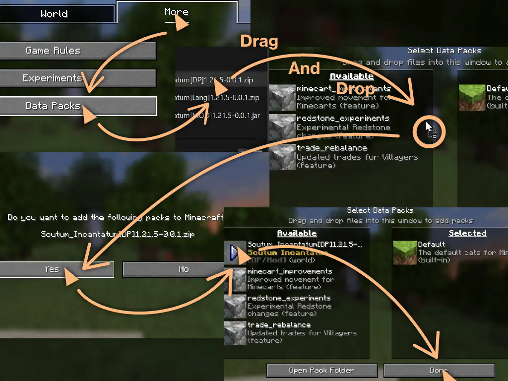 Image: World creation screen Data Packs interface. Datapack zip file being moved to the activation list