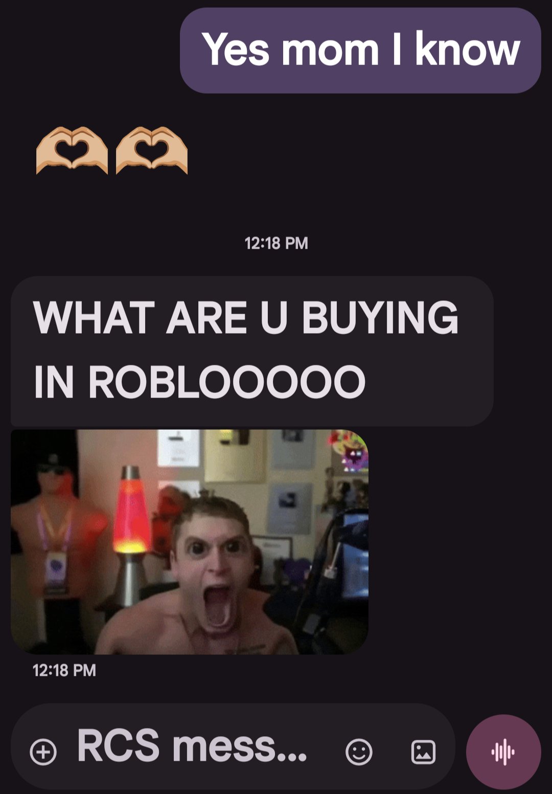 A screenshot of a messaging app. The conversation reads 'Yes mom I know', '🫶🏼🫶🏼', 'WHAT ARE U BUYING IN ROBLOOOOO' Then the most messed up picture of Joe Bart.