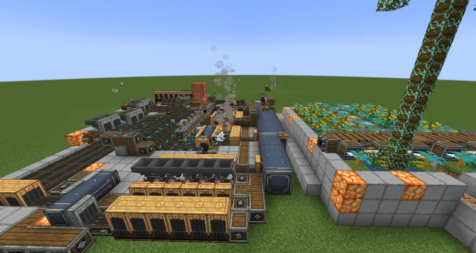 The assembly line idea of mechanical power is shown, including a power saw collecting device and a processing device.