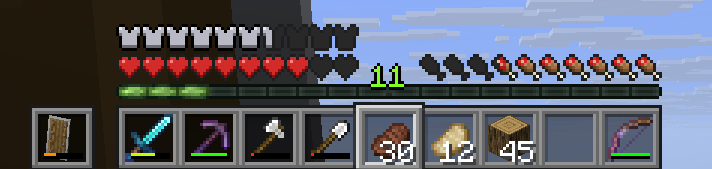 Minecraft Survival HUD the items are: Diamond Sword with 75% durability, Enchanted Netherite Pickaxe that's mostly new, Iron Axe, Iron Shovel, 33 Steak, 14 Porkchops, 32 Torches, 40 Dirt. Offhand has a Shield. The player has the 30 Steaks selected.