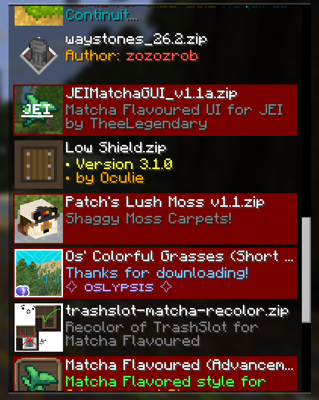 third resources page 14. waystones 15. jei matcha 15. low sheild 16. patchs lush moss 17. os' colorful grasses 18.trash slot matcha 19. matcha flavoured advancements