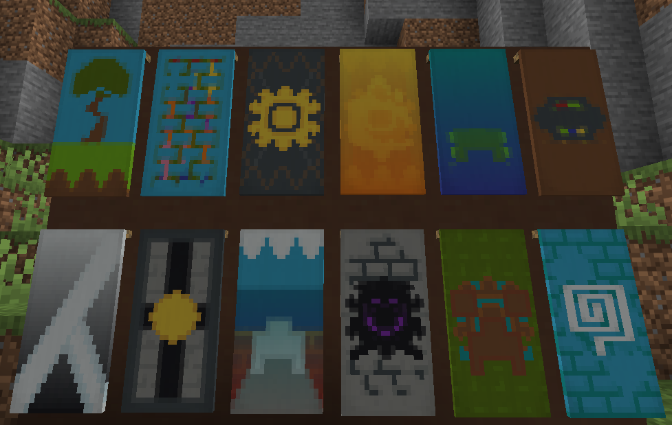 A screenshot of all the Reward Banners in-game; the A Jack Of All Trees banner depicts a tree with a gnarled twisting truck, the Dedicated Gardener banner depicts vines with splashes of colour, the Bow Before Me banner depicts a sun emblem and a grey background with gold stitches, The Nether's Champion banner is a design invoking flames, The Ocean's Champion banner depicts a Turtle Shell underwater, the For The Record banner depicts a Music Disc designed not to look like any particular in-game disc, the Smited banner depicts Lightning, the Knight of the Realm banner depicts a shield with a golden metal centre, the All-terrain Expert banner attempts to incorporate it's four relevant environments, the Titan Slayer banner depicts a dark monster breaking through a stone wall, the Indiana Jones banner Depicts what is best described as a temple in a forest and finally, the Being Sneaky Are You banner depicts a white potion particle on a blue background.
