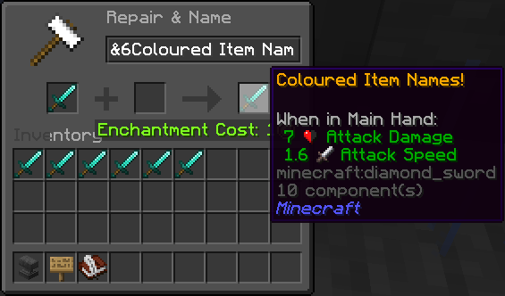 An anvil showing a diamond sword named "Coloured Item Names!" in gold