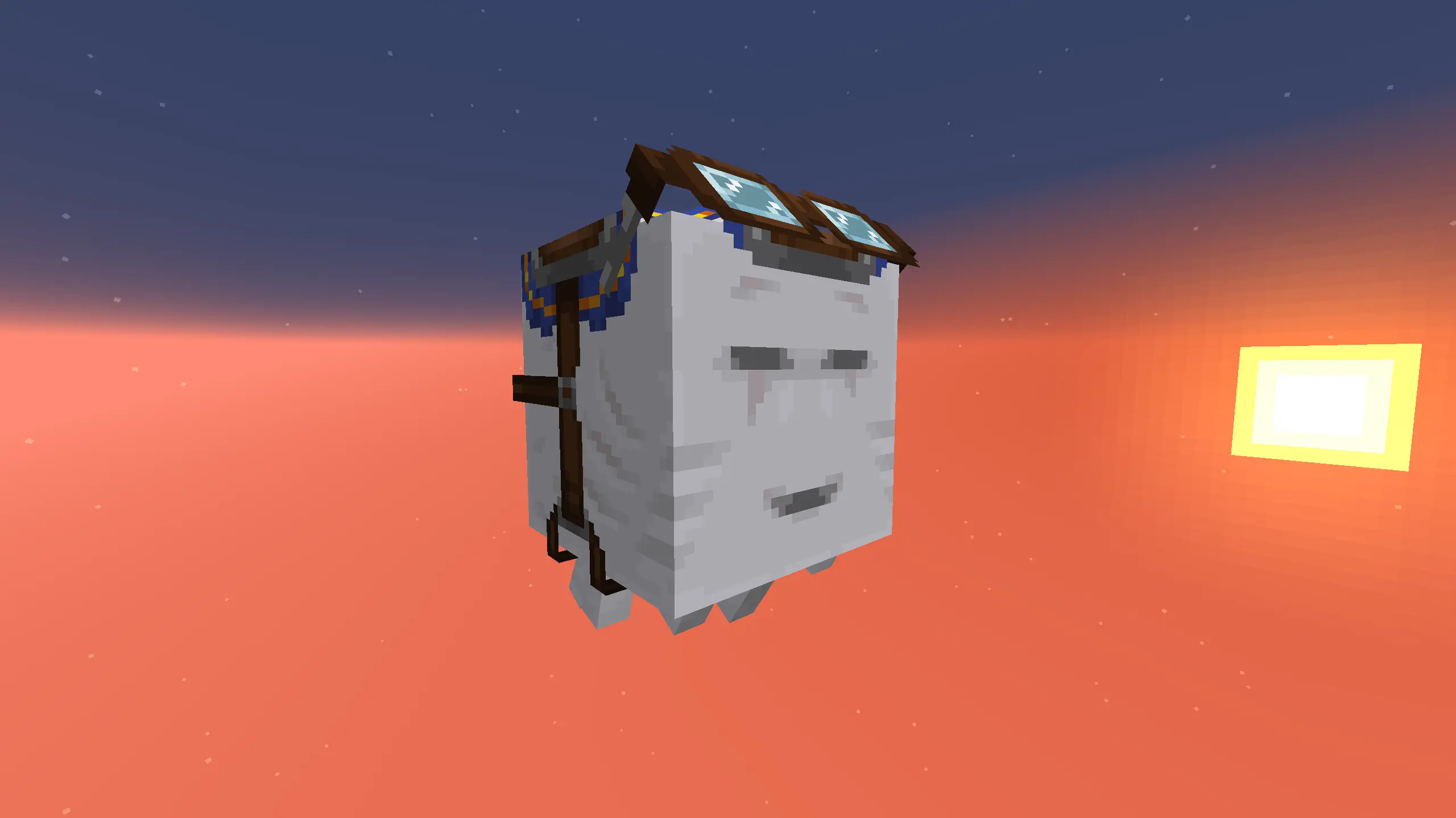 A vanilla textured happy ghast in the early morning sunrise with an upscaled and overhauled harness.