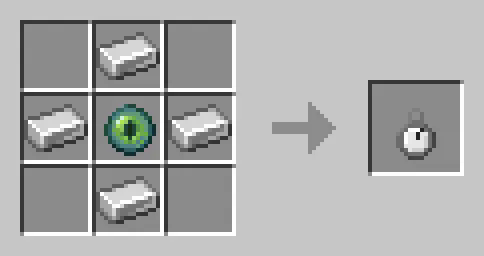 The crafting recipe for the Time Machine item, consisting of one Ender Eye in the center surrounded by 4 iron ingots in the cardinal directions.