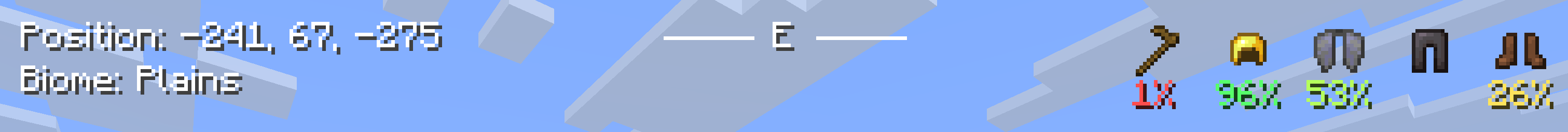 Screenshot of the HUD at the top of the screen. Location information on the left, armor on the right, compass in the middle.