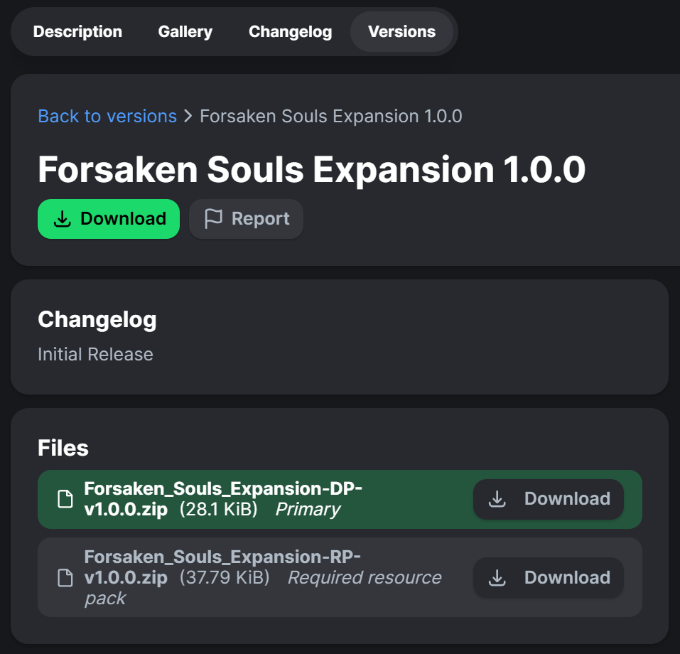 This image shows where to download the Datapack and Resource Pack (Versions tab).