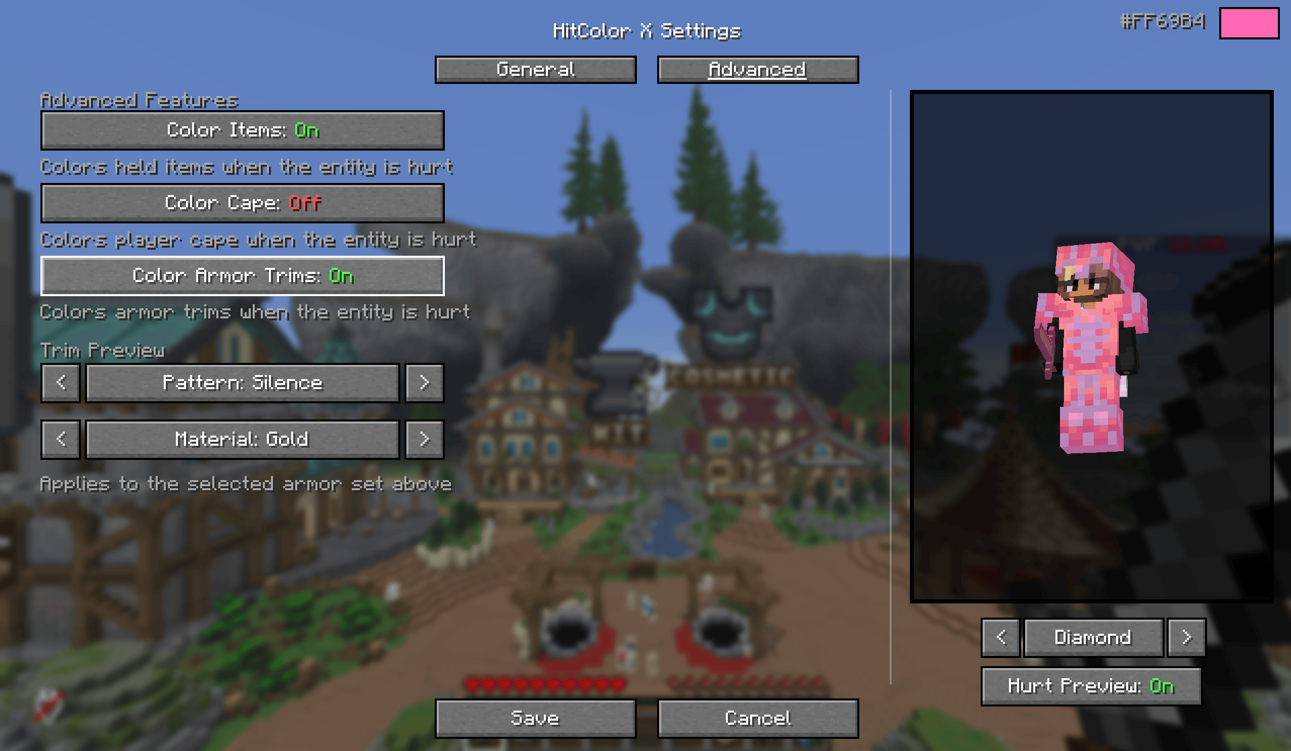 The Advanced tab of the HitColor X settings screen, showing toggles for items, cape, and armor trims, plus the trim pattern/material preview selector set to Silence and Gold on a Diamond armor set.