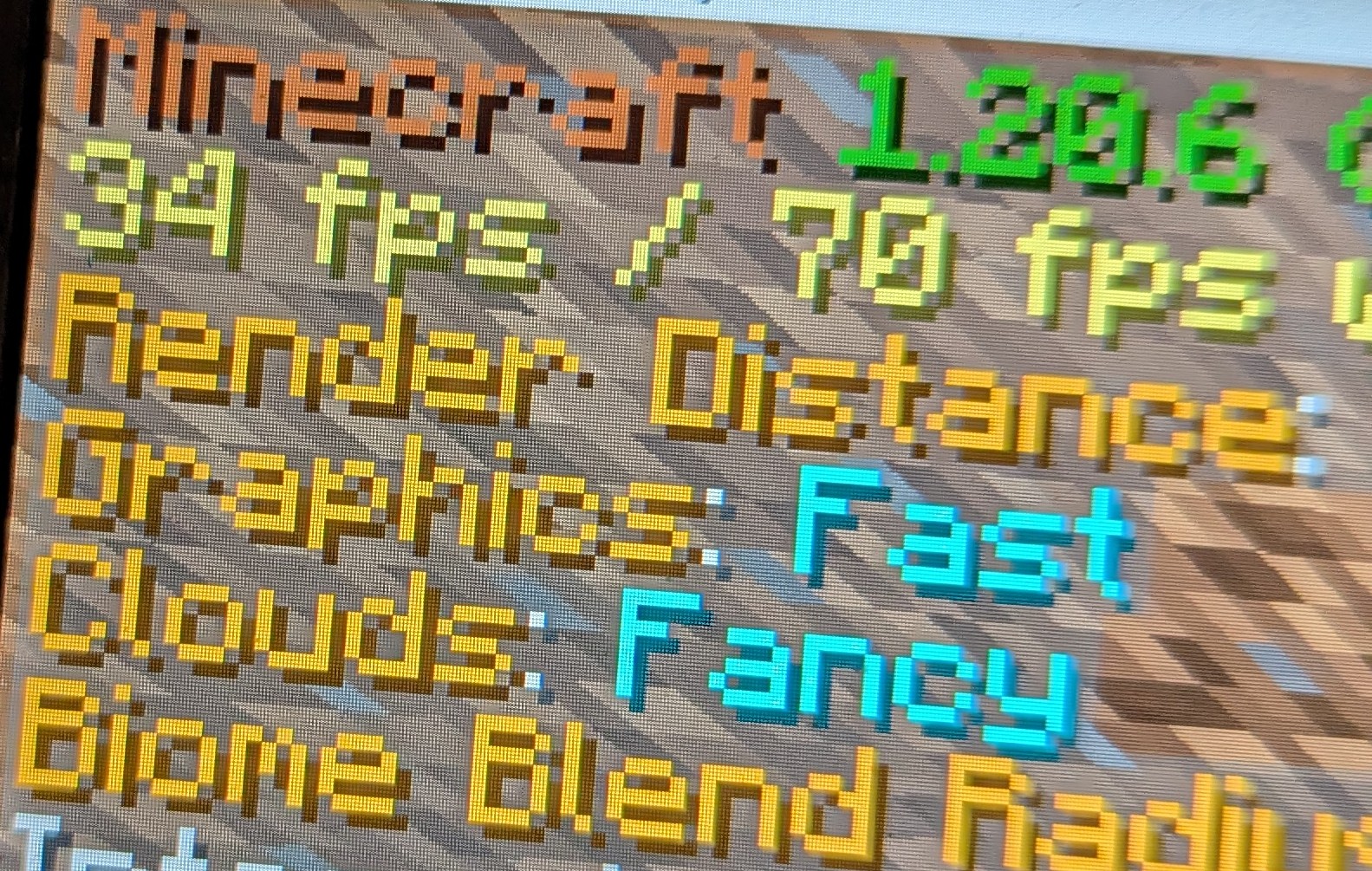 The Minecraft F3 menu showing its getting 30FPS