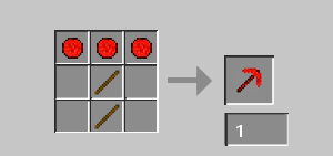 A Minecraft recipe, with 3 lavastones across the top, and 2 sticks in the middle, making a lavastone pickaxe.