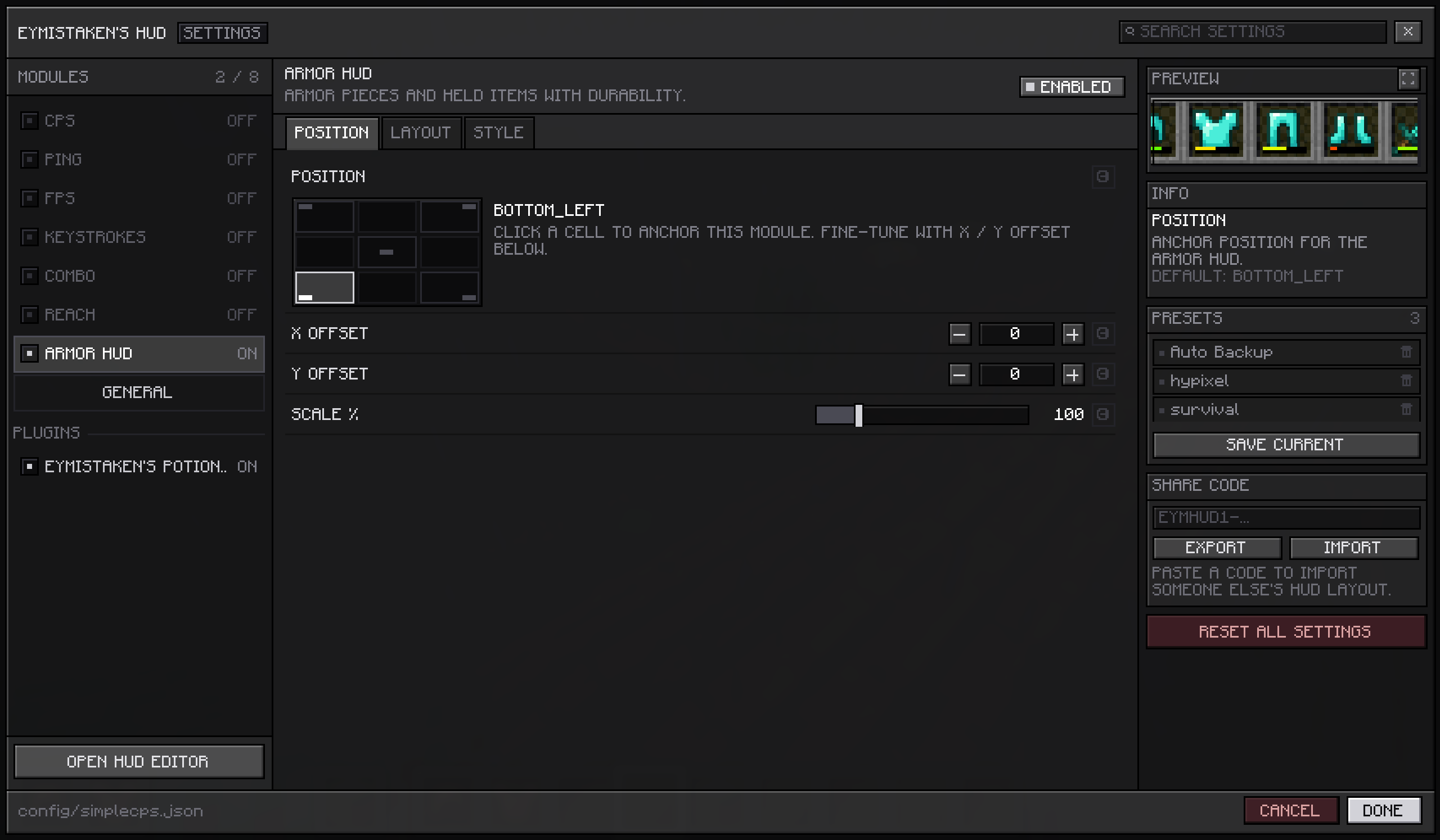 new preview mode with armor hud