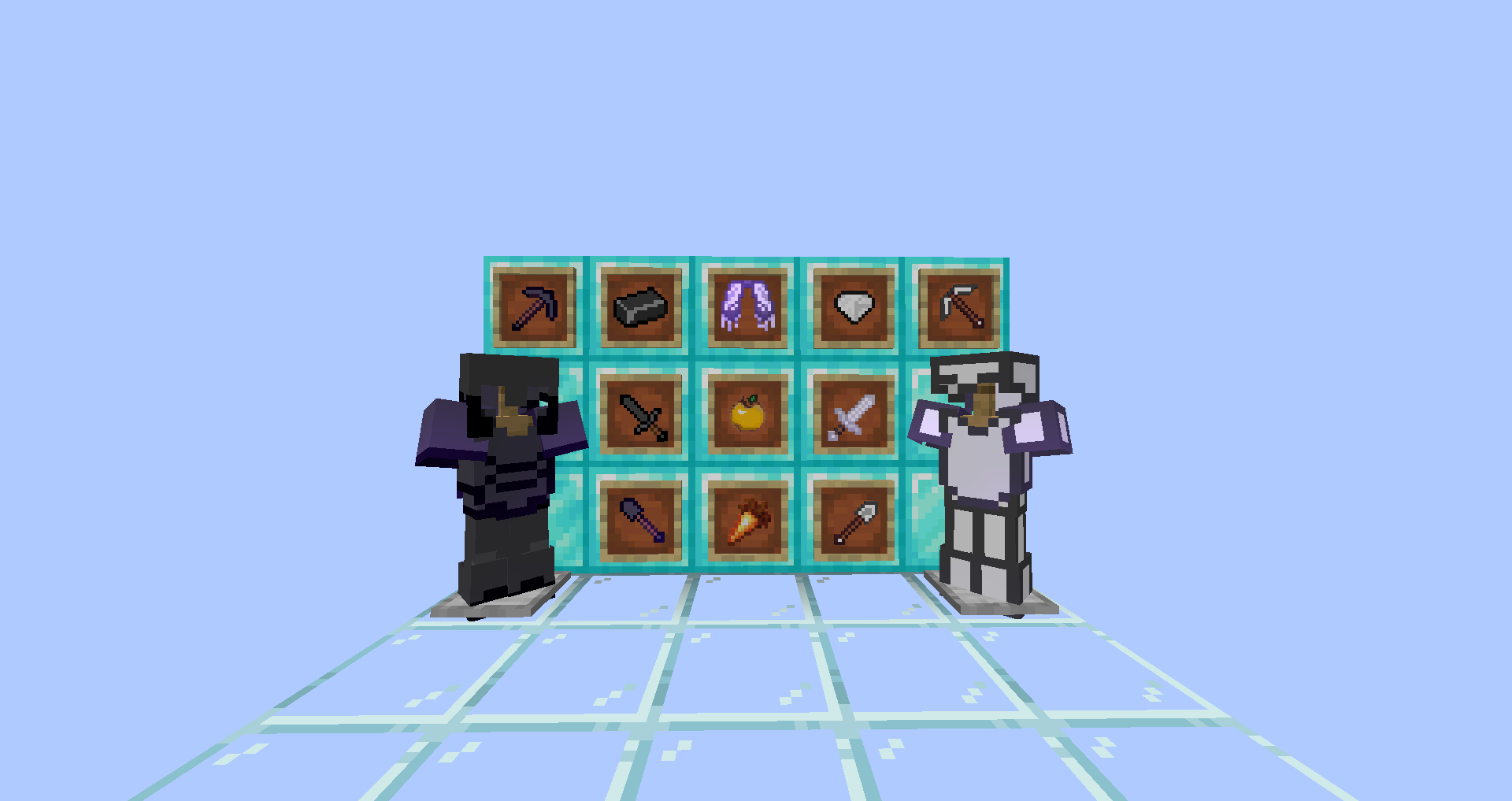 Image showing two wooden racks with various items: tools on one rack, golden apples, golden carrots, and other small items on the other rack.