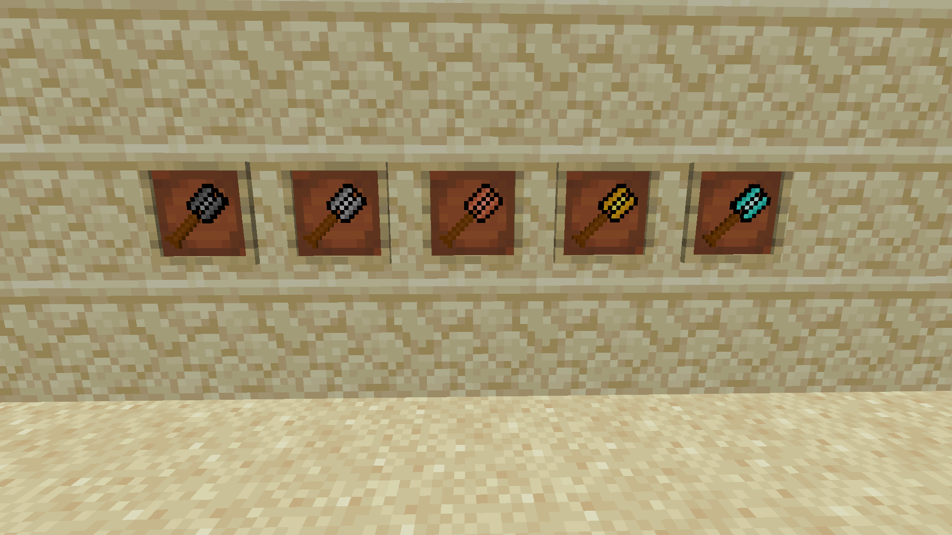 Stone, iron, copper, gold, and diamond Sifting hammers, in item frames