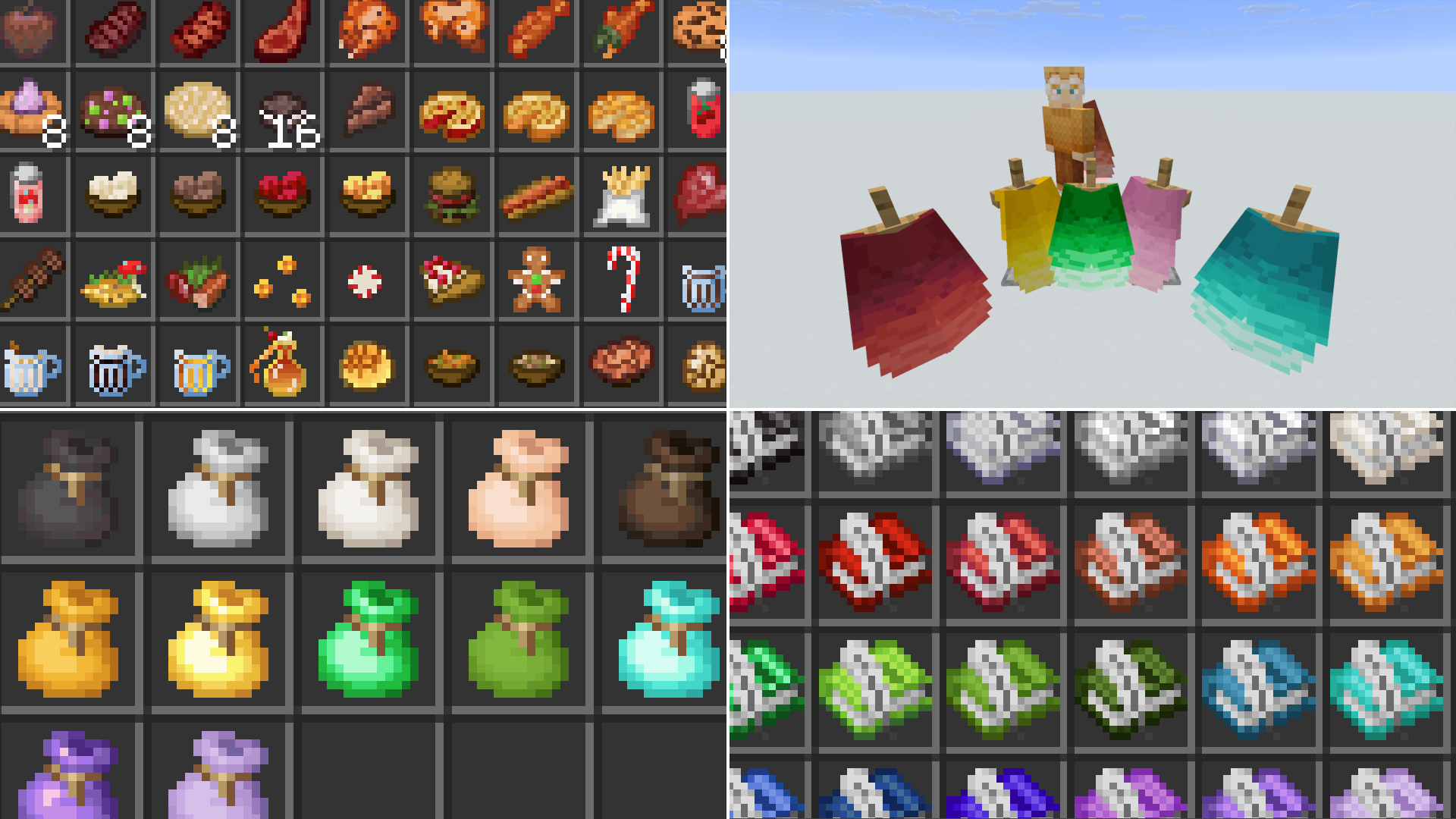 A collage of 4 images of dyeable books, bundles, elytra, and custom food in Vanilla+.
