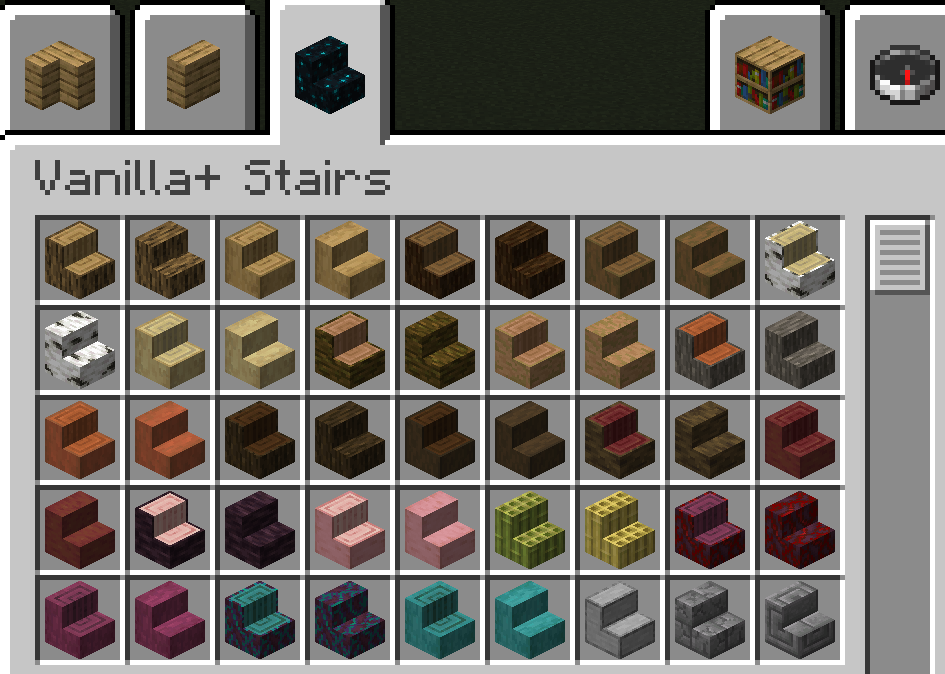 In-game screenshot of the custom creative inventory tab filled with vanilla+ stairs