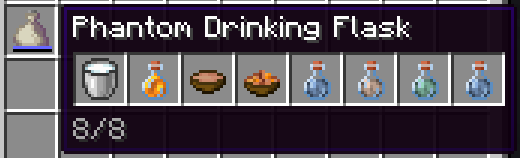 Phantom drinking flask in inventory displaying various drink items in tooltip