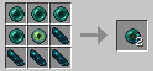 Crafting recipe. Top row: three ender pearls. Middle row: an ender pearl, an eye of ender, an echo shard. Bottom row: three echo shards. Yields two Eyes of Elsewhere.