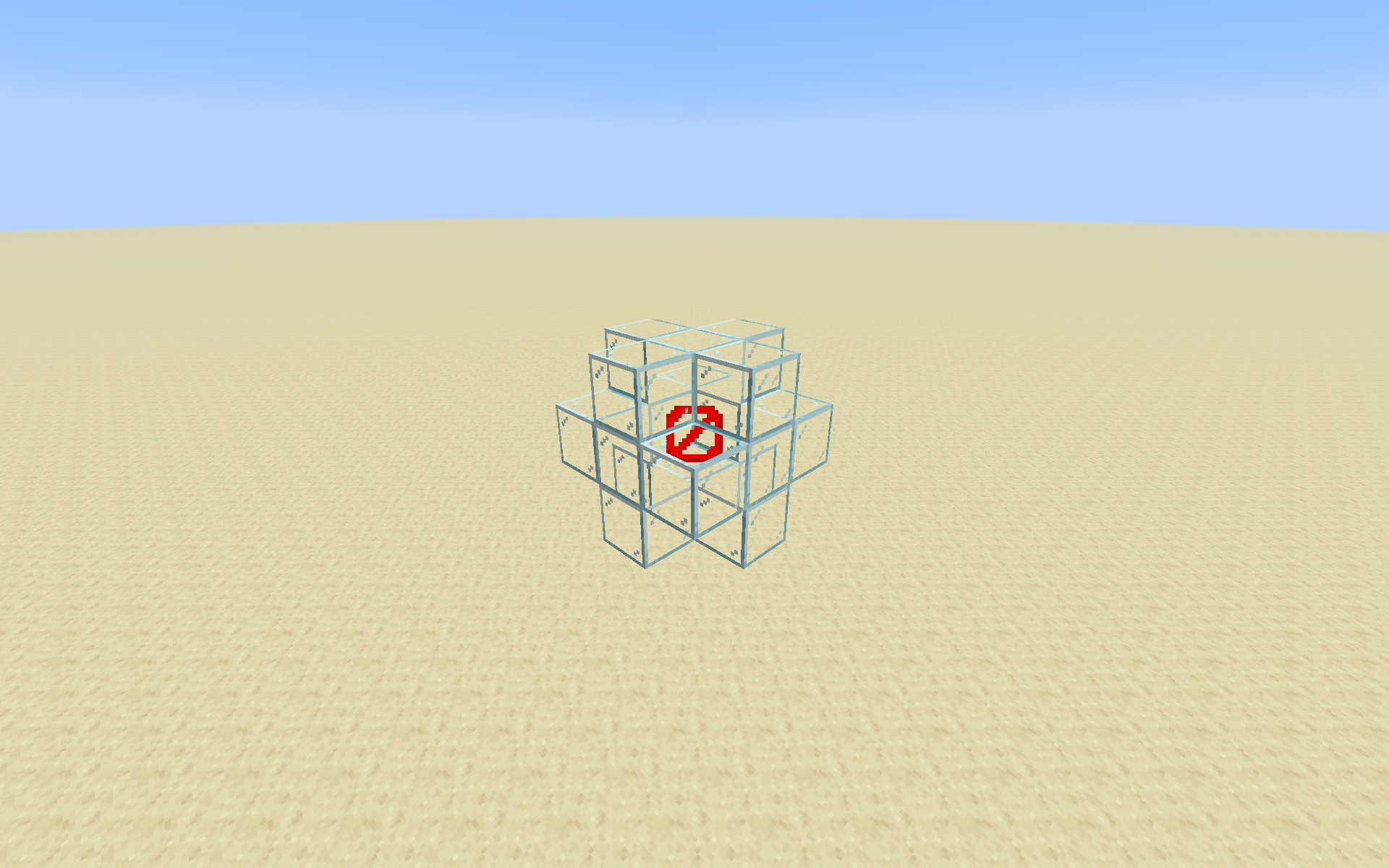 Visualization of the effect of Multimine III, with a barrier as the block mined by the user, and glass as the blocks broken by Multimine.