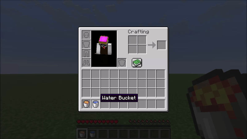 A player right-clicks a Water Bucket onto a Lava Bucket. Both buckets are replaced by empty buckets and one Obsidian is added to the inventory, accompanied by a smoke effect.