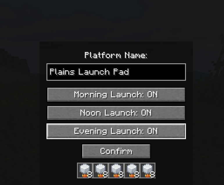 A screen that shows a menu with a nameable weather platform container, this container has 3 options allowing players to choose to enable an evening, noon, and morning launch. There are slots for players to place weather balloons for the automated launches