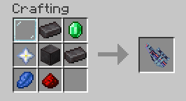 The crafting recipe of the orbital railgun. In the top left corner is a glass pane, in the top middle is a netherite ingot, in the top right is an emerald. In the middle left is a nether star, in the middle is a netherite block and in the middle right is a netherite ingot. In the bottom left is lapis lazuli and in the bottom middle is redstone dust.