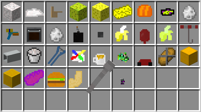various Items that the mod adds: a cloud, a cloud block, a finger gun, moldy cheese block, normal cheese block, cheese, a hard hat, crazy cheese, a white spawn egg, a squirt gun, an oven, another white egg, a bomb, a musket ball, a banana, a water balloon, a bread banana, an umbrella, galvanized square steel, a bucket of mortar, a halo energy sword, a propeller hat, coffee, dried up leaves, a car, a helicopter, bread, bread block, stale bread block, bread of summoning, hamburger, a strong sword, a comically large spoon, and a broken sword.