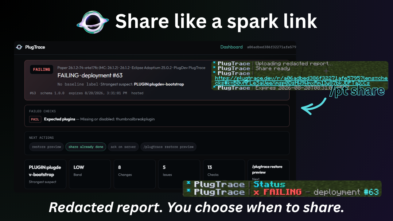 PlugTrace uploading an optional encrypted report and returning a shareable link