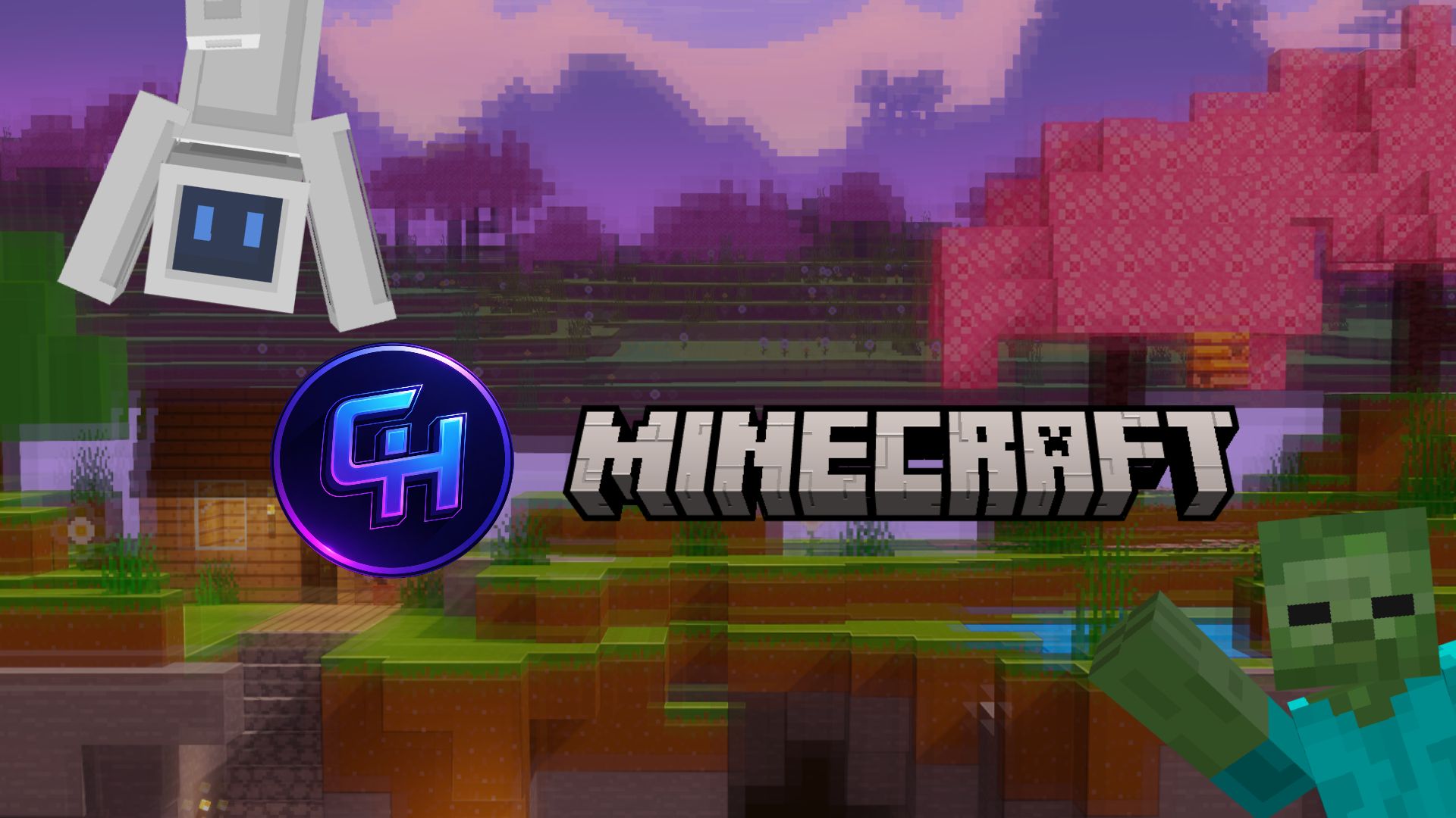 La imagen muestra un paisaje del videojuego Minecraft con su característico estilo de bloques, donde se aprecia una pequeña casa de madera y árboles con hojas rosadas bajo un cielo en tonos violetas. En el centro destaca el logotipo del juego junto a un icono circular de neón morado, flanqueados por un personaje blanco en la esquina superior izquierda y un clásico zombi verde en la esquina inferior derecha. En el centro el icono de Comunidad Hispano, al lado del logotipo de Minecraft.