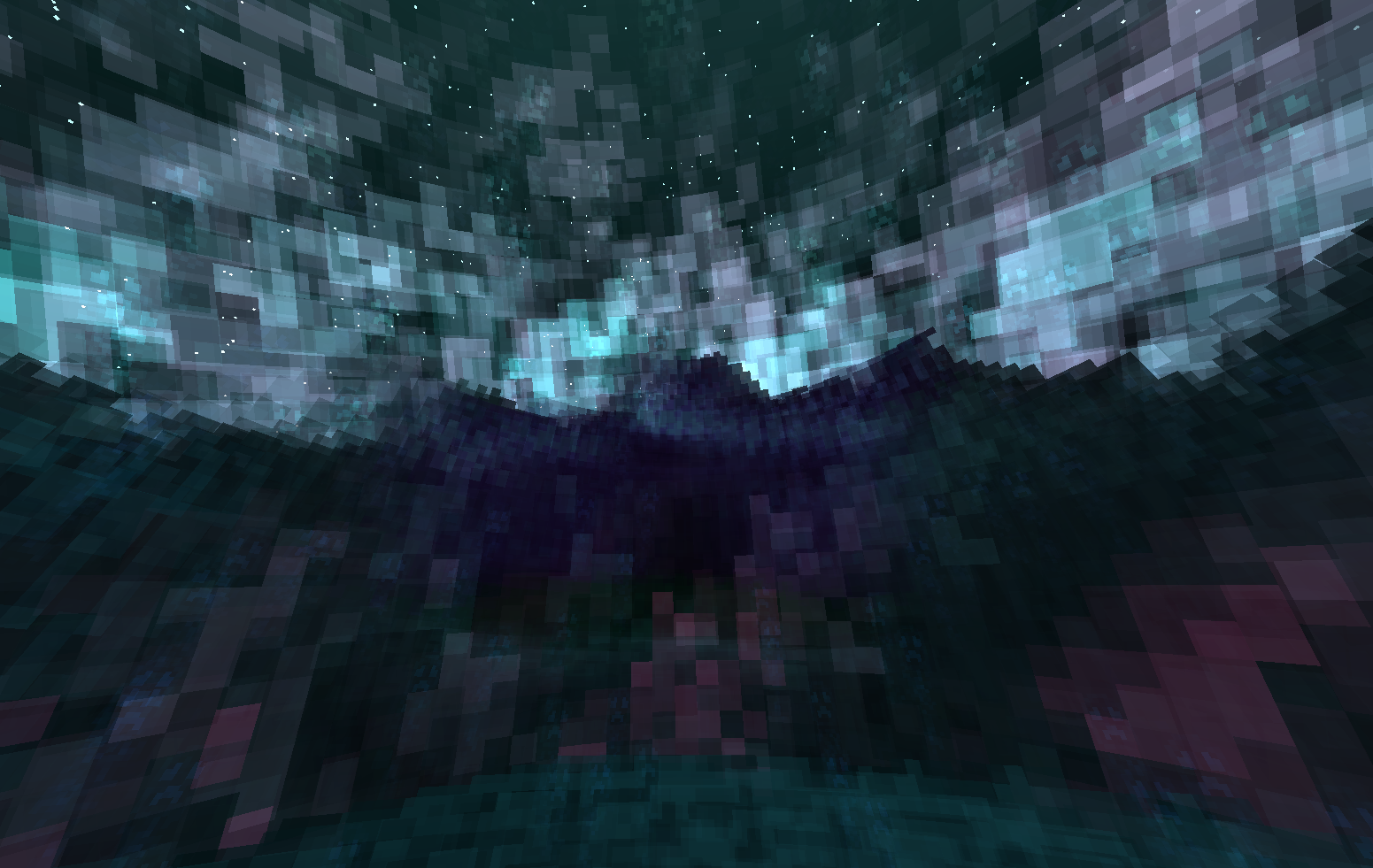 An image of the Dreamtwirl skybox. A fuzzy landscape is present, with a vaguely circus shaped blur in the middle. Behind the landscape is a glowing blue aurora, and a starry sky.