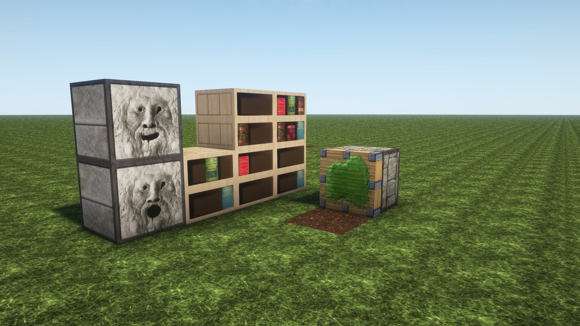 Sticky piston, chiseled bookshelves, dispenser and dropper