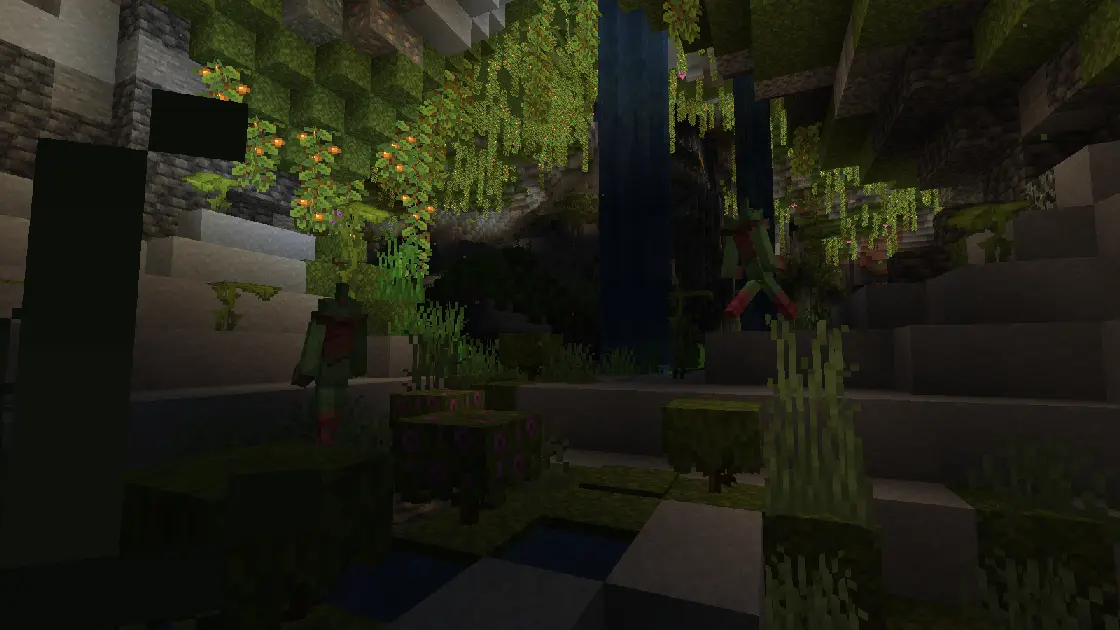 Two beauties approaching the player in an unilluminated lush cave.