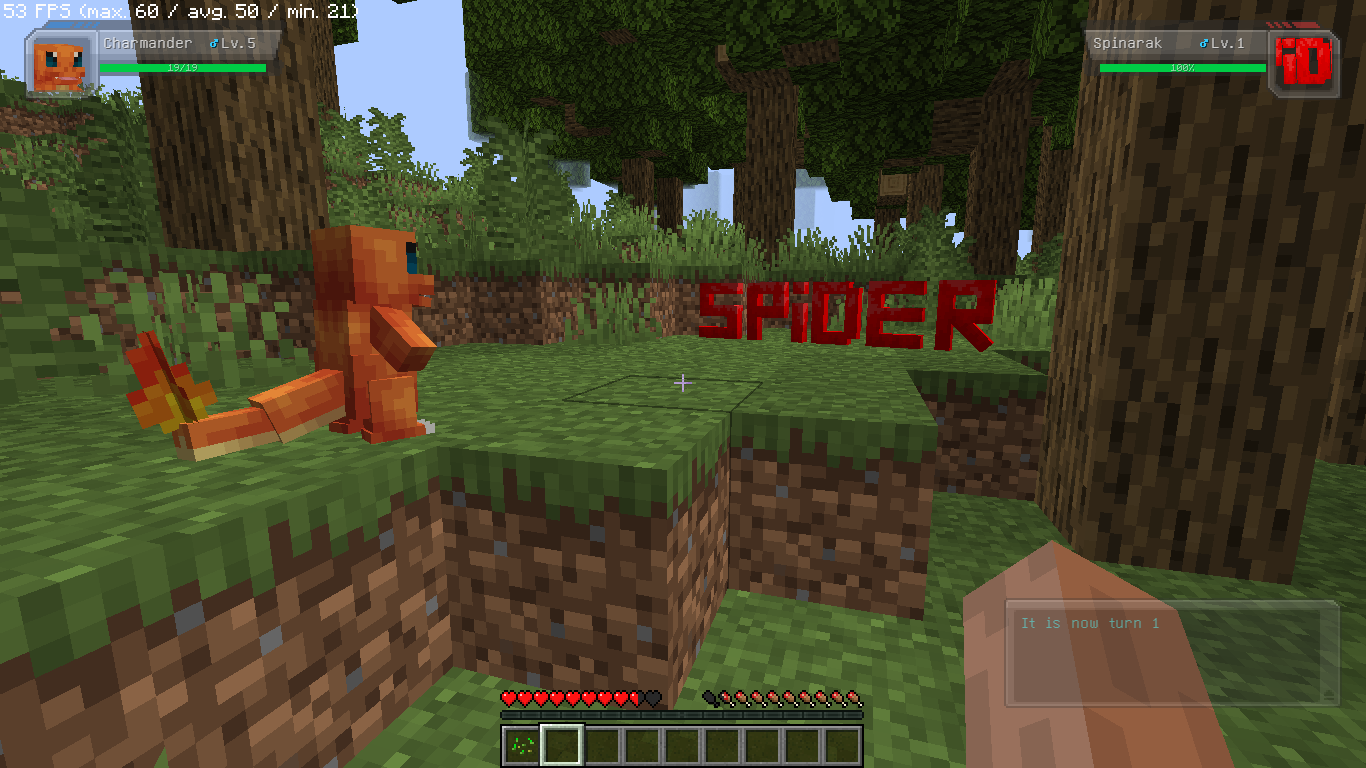 A Pokémon battle between a Charmander and a Spinarak. The Spinarak appears as literally the word "SPIDER".