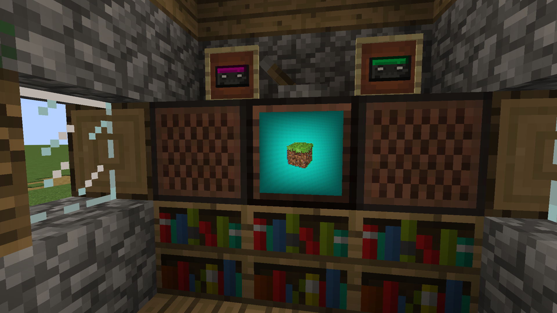 A powered TV displaying the MC 98 cassette, sitting atop bookshelves and between jukeboxes, with two cassettes on display in item frames above