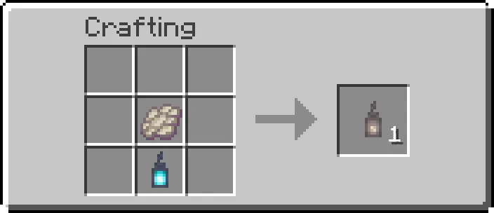 The crafting recipe for a Phantom Lantern. It is one phantom membrane in the middle slot, and one soul lantern on the bottom center slot.