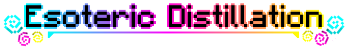 A titlecard that states "Esoteric Distillation" in blocky font. The words are backlit in cyan, magenta, and yellow.