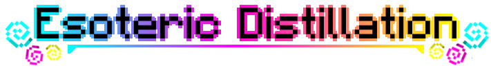 A titlecard that states "Esoteric Distillation" in blocky font. The words are backlit in cyan, magenta, and yellow.