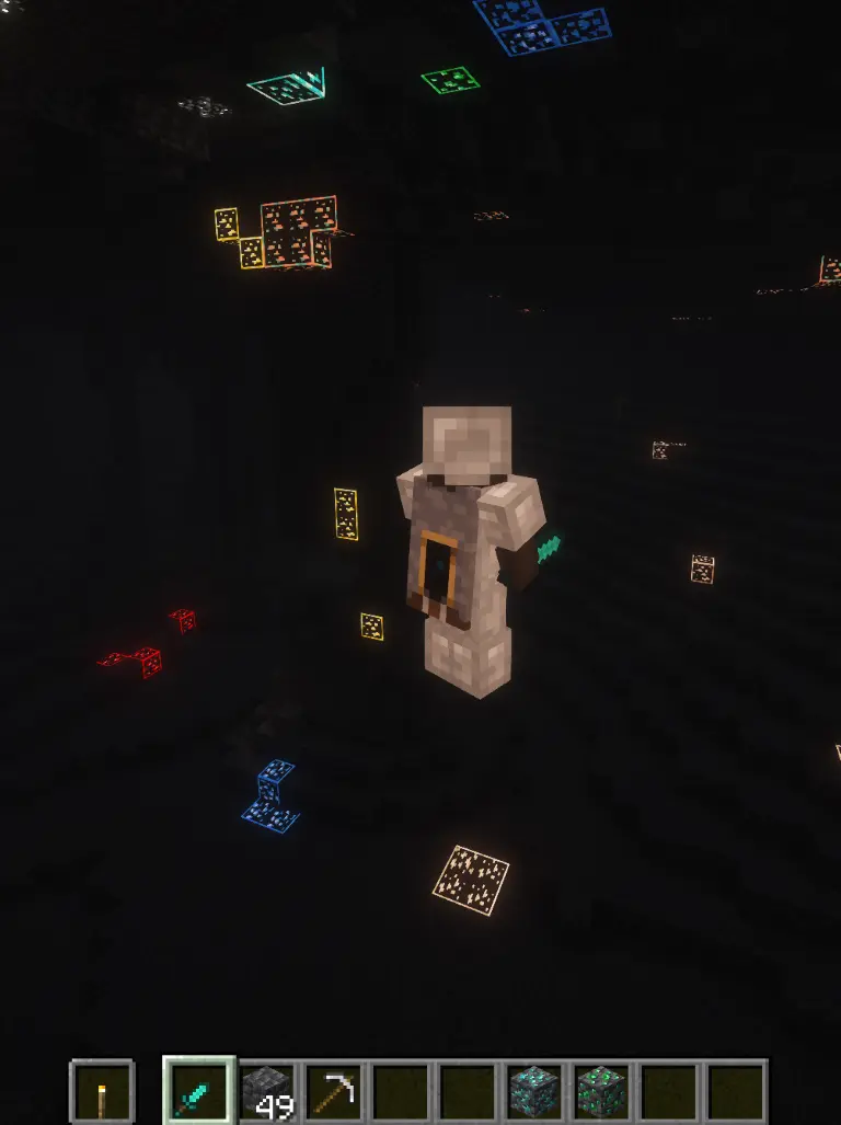 In a dark cave, ores with corners and borders emitting light.