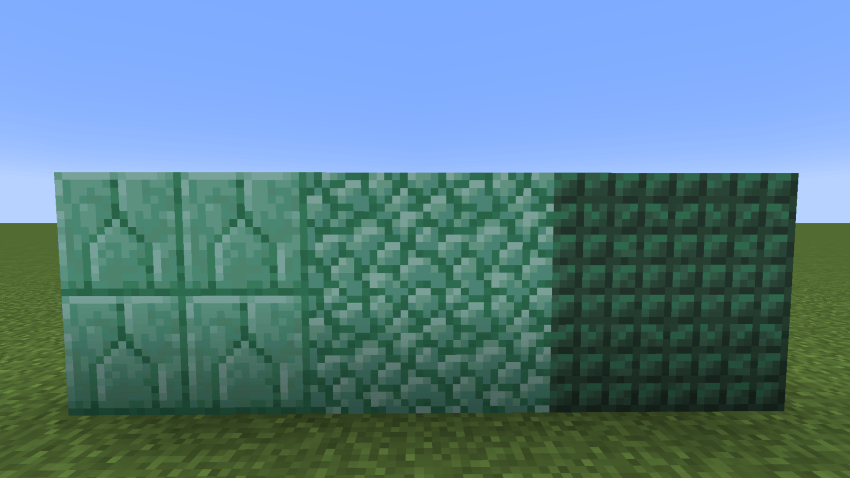 Prismarine, Prismarine Bricks and Dark Prismarine side by side showing the changes in colour.