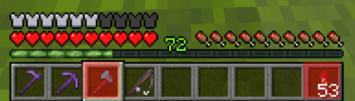 Image of a hotbar with minecraft items. The items in the third and ninth hotbar slot are highlighted with a red box.