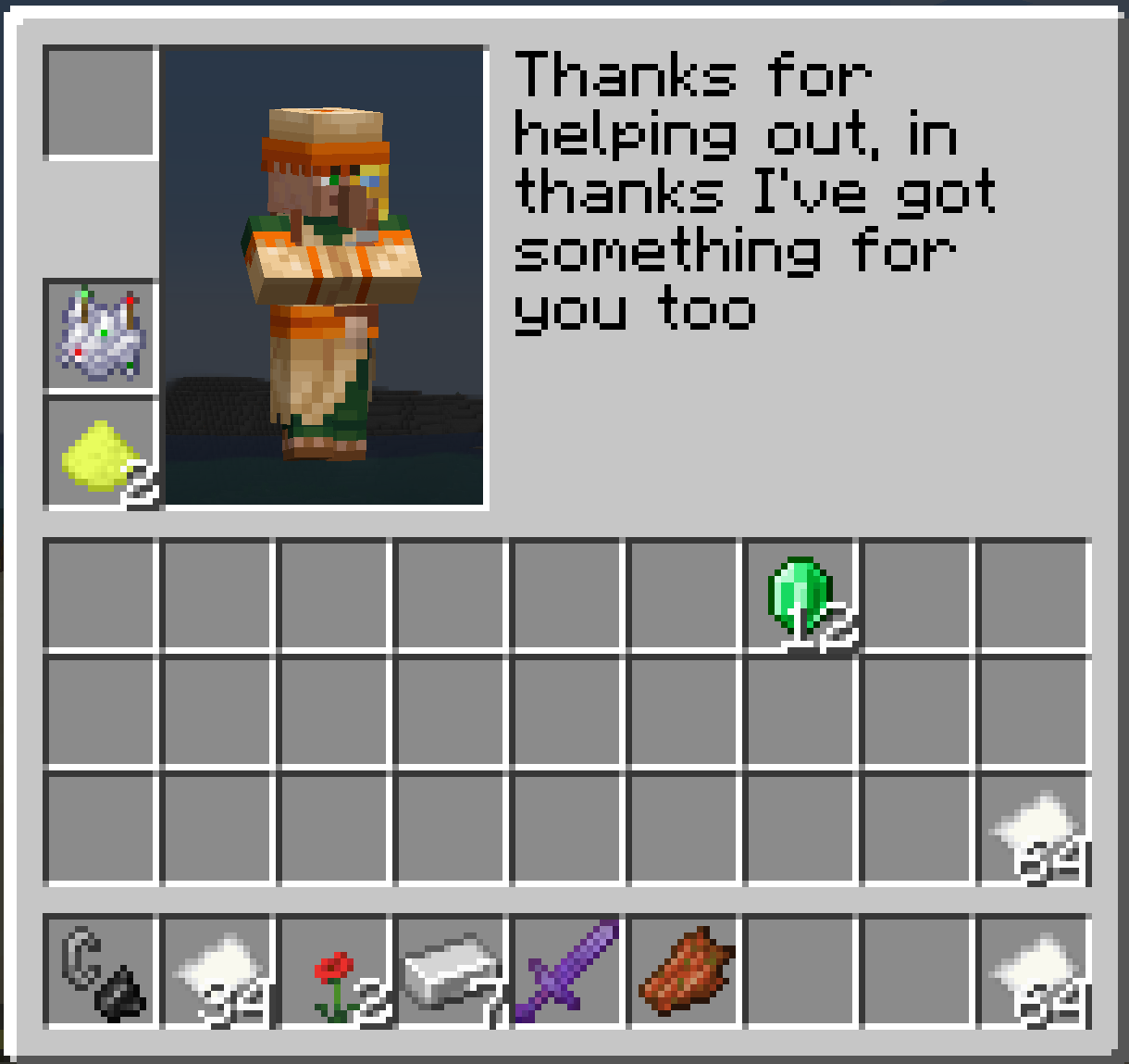 Villager dialog showing a villager giving an uncommon trinket and 3 uncommon trinket dust as a reward