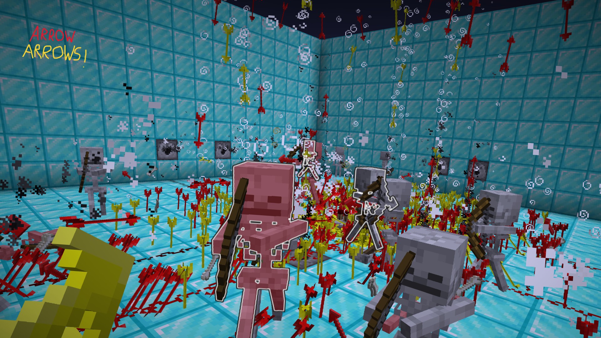 Skeletons shooting each other with Arrow arrows and Spectral Arrow arrows inside a box made out of diamond blocks with dispensers shooting more arrows
