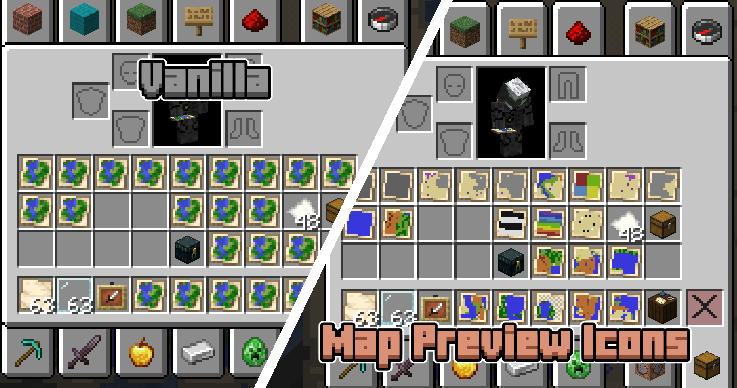 Left: all maps look the same. Right: each map shows a preview so you can tell them apart.