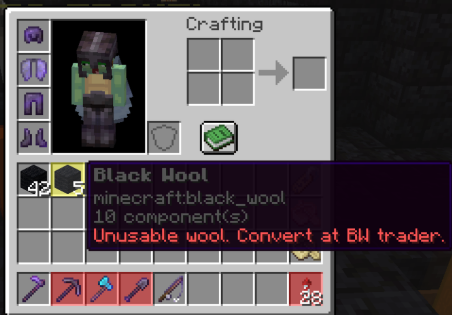 The player's inventory with multiple items inside. A box highlighed item in yellow is being hovered, A new line in the minecraft tooltip is advising the user to trade this wool at the 